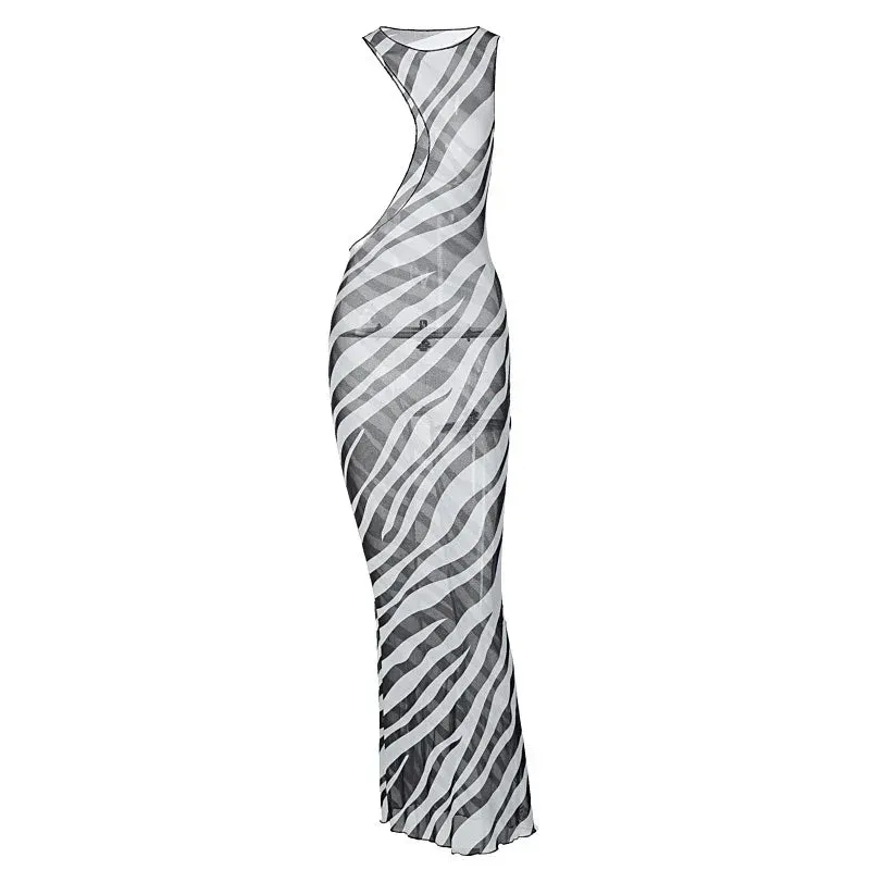 Zebra Print Transparent Striped Mesh Maxi Women 2024 Vacation Summer Cut Out Dress