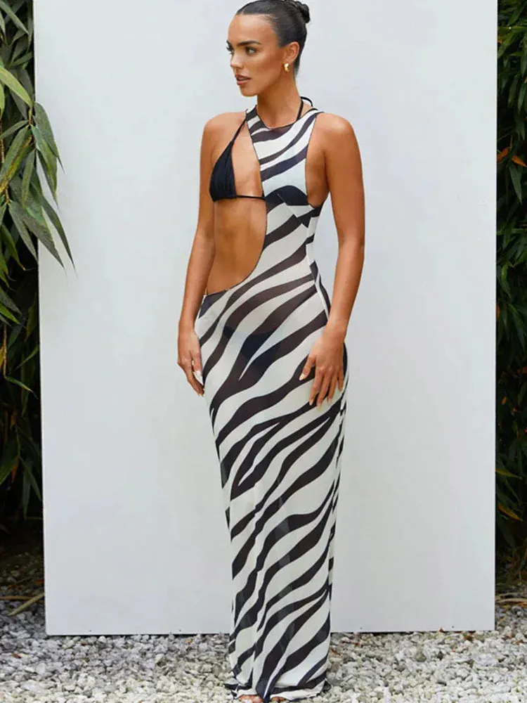 Zebra Print Transparent Striped Mesh Maxi Women 2024 Vacation Summer Cut Out Dress