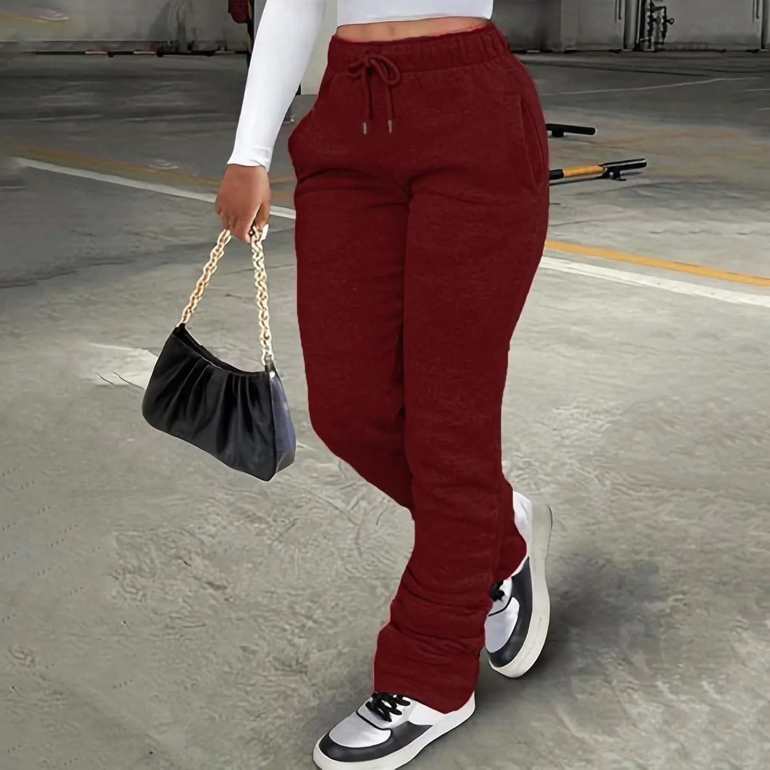 ZYXTIM Stacked Pants for Women Sherpa Lined Thicked Casual Pants Elastic High Waist Athletic Active Joggers Ruched Trousers