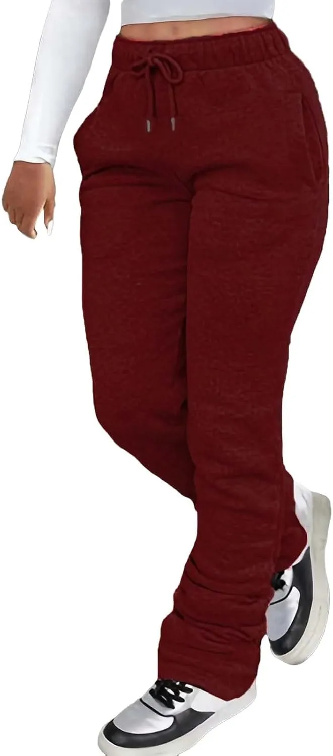 ZYXTIM Stacked Pants for Women Sherpa Lined Thicked Casual Pants Elastic High Waist Athletic Active Joggers Ruched Trousers