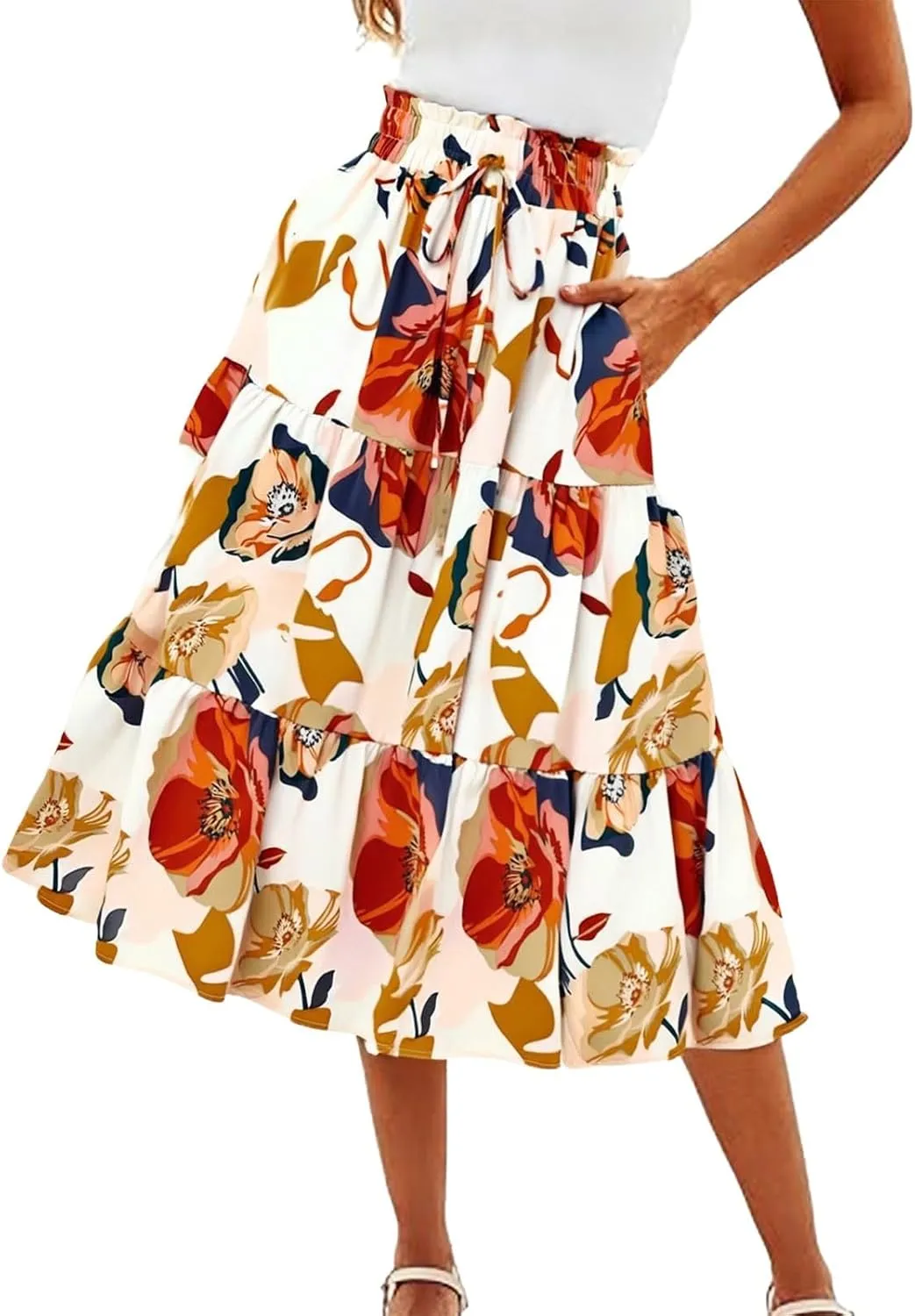 ZYXTIM Women's 2025 Bohemian Long Skirts Tiered Elastic High Waisted Summer Floral Maxi Skirt Vacation Flowy Swing Sundress