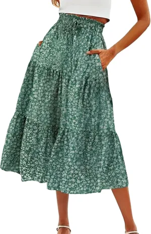 ZYXTIM Women's 2025 Bohemian Long Skirts Tiered Elastic High Waisted Summer Floral Maxi Skirt Vacation Flowy Swing Sundress