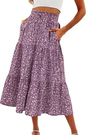 ZYXTIM Women's 2025 Bohemian Long Skirts Tiered Elastic High Waisted Summer Floral Maxi Skirt Vacation Flowy Swing Sundress