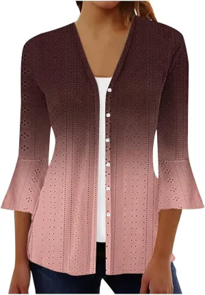 ZYXTIM Women's Casual Lightweight Open Front Cardigans Eyelet Embroidery Flare 3/4 Sleeve Cardigan Slim Fit Tunic Shirts