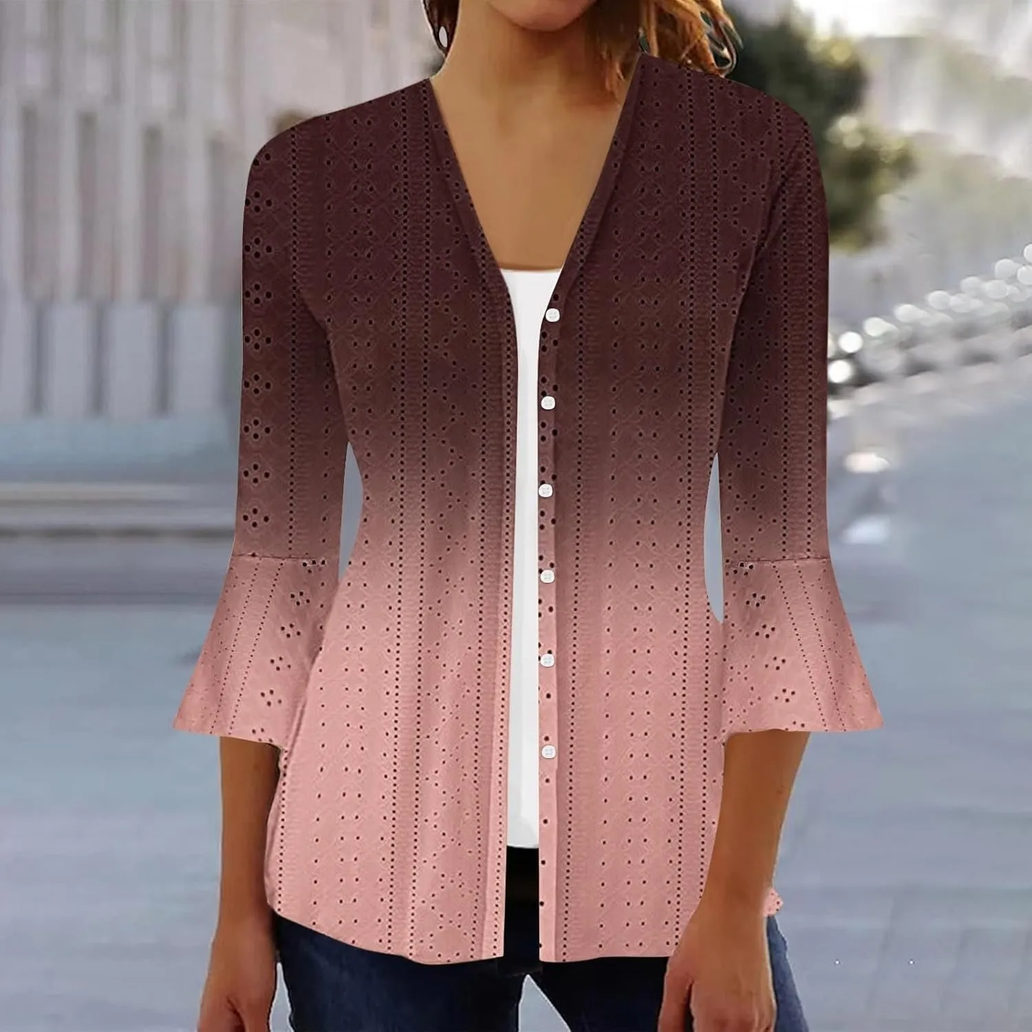 ZYXTIM Women's Casual Lightweight Open Front Cardigans Eyelet Embroidery Flare 3/4 Sleeve Cardigan Slim Fit Tunic Shirts