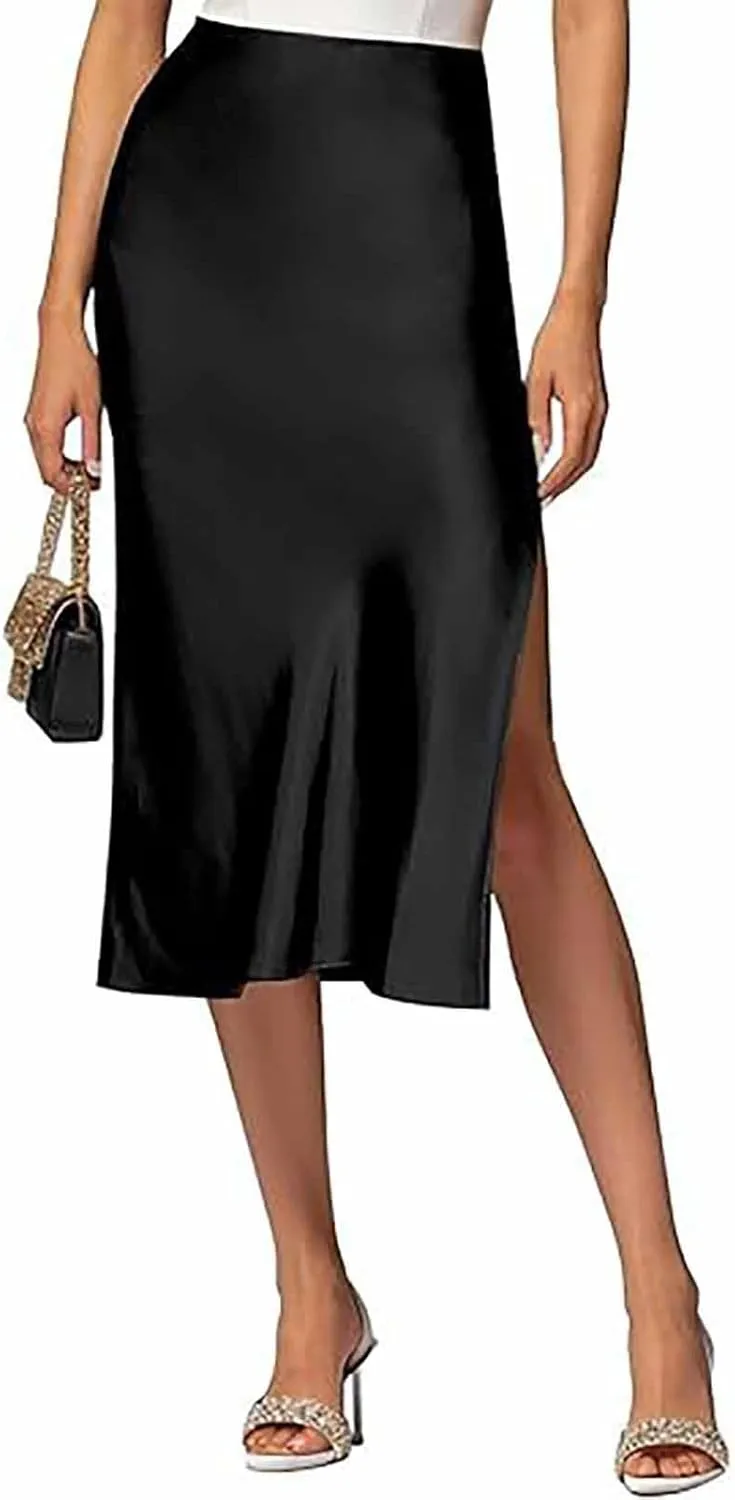 ZYXTIM Womens Luxury Satin Skirts Side Split High Waist Elegant A Line Midi Skirts Slim Fit Trendy Business Work Wrap Skirts