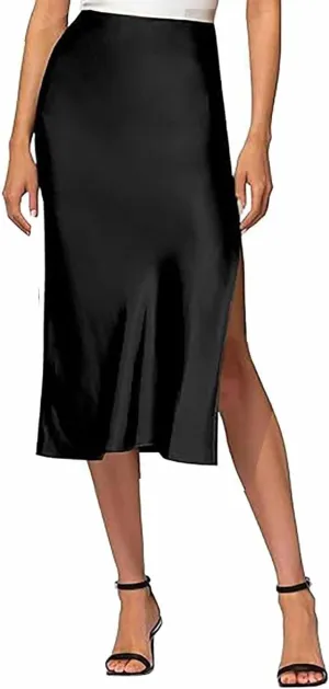 ZYXTIM Womens Luxury Satin Skirts Side Split High Waist Elegant A Line Midi Skirts Slim Fit Trendy Business Work Wrap Skirts
